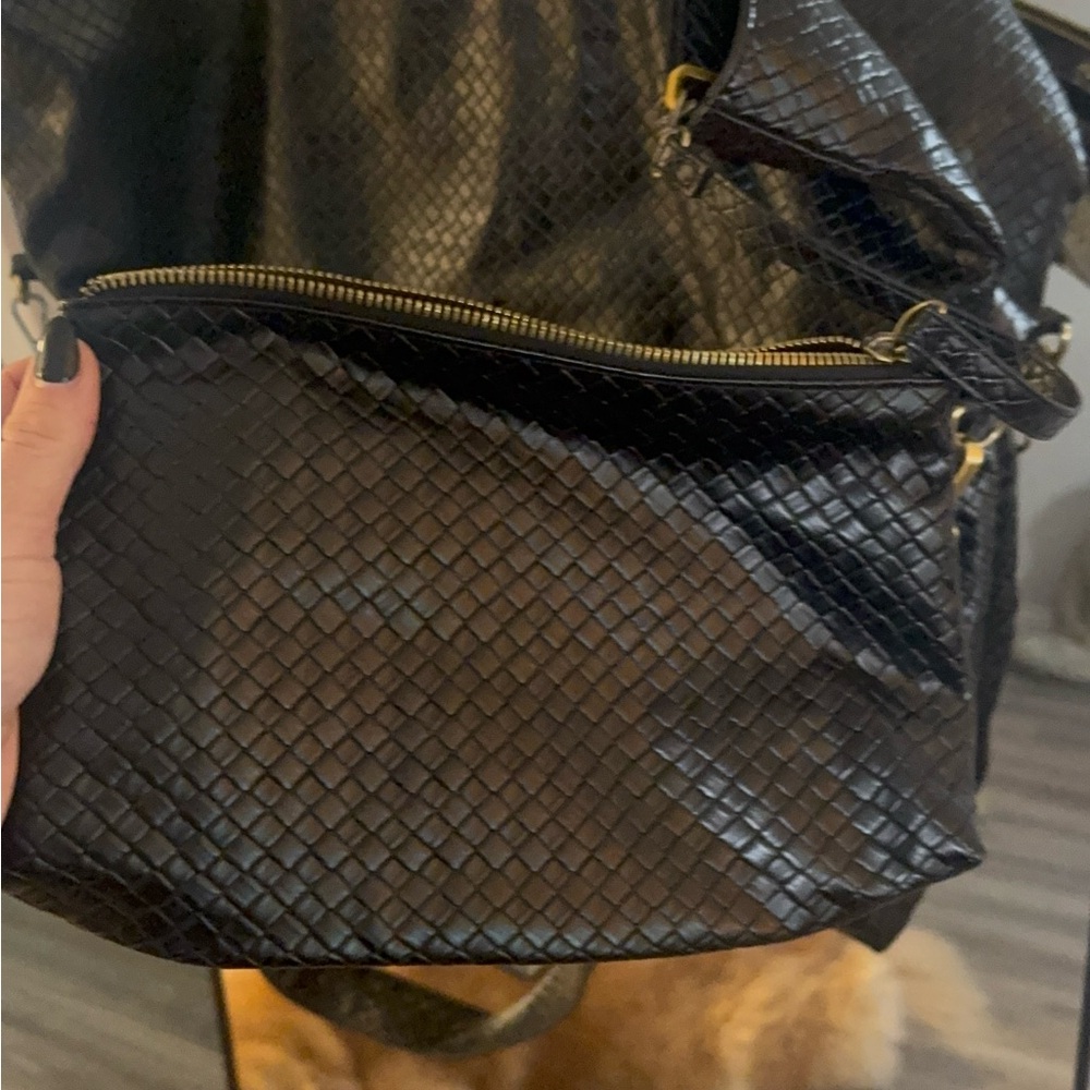 ANTHROPOLOGIE Woven Slouchy Tote Shoulder Vegan Leather Hobo Bag Black - Picture 5 of 8